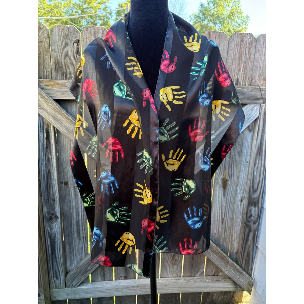Vintage Handprint Print Sheer Striped Scarf Black Multi Color Artistic 60 Inch